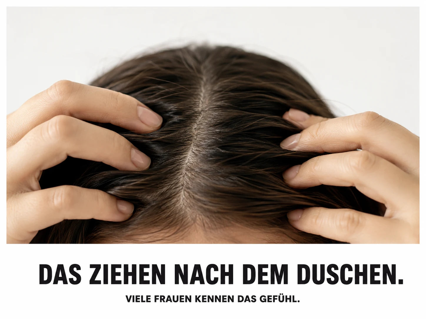 Frau zeigt eine gespannte Kopfhaut nach dem Duschen