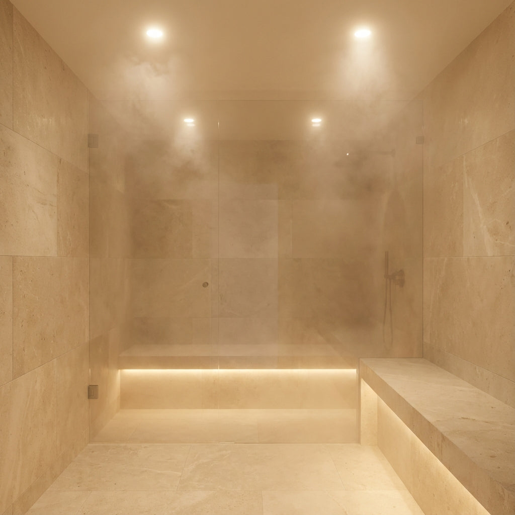 Warm beleuchtetes Boutique-Spa-Bad mit Dampf, Stein und indirektem Licht