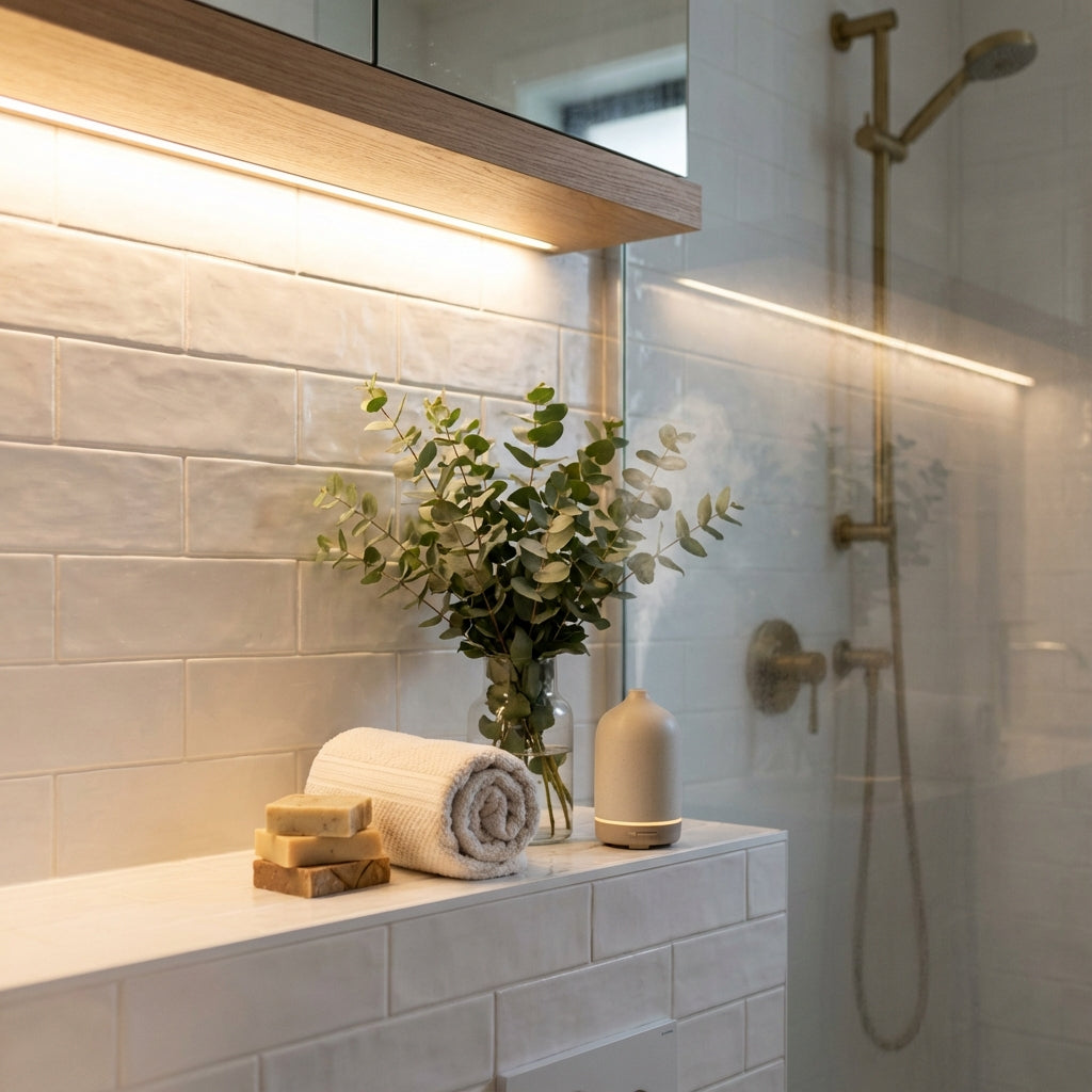 Boutique-Bad mit warmem Licht, Handtüchern und Dusche